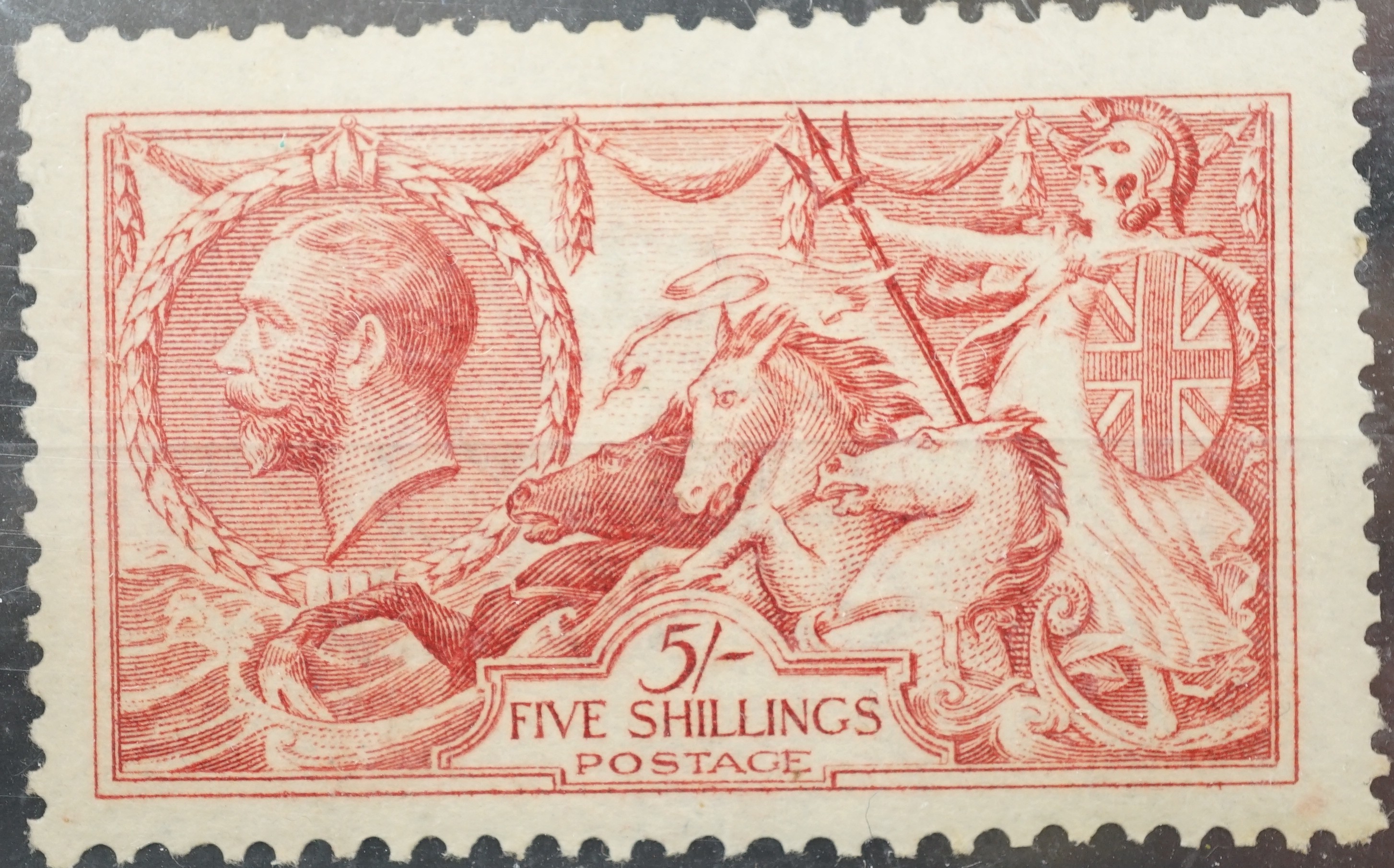 Great Britain covers seahorses with 1915 de la rue 5 shilling, mint (2),1918 2 shilling, 6d, 10 shilling used